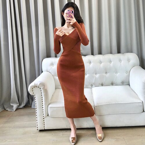 Off the shoulder Knitted Bodycon Dress Light Brown One Size