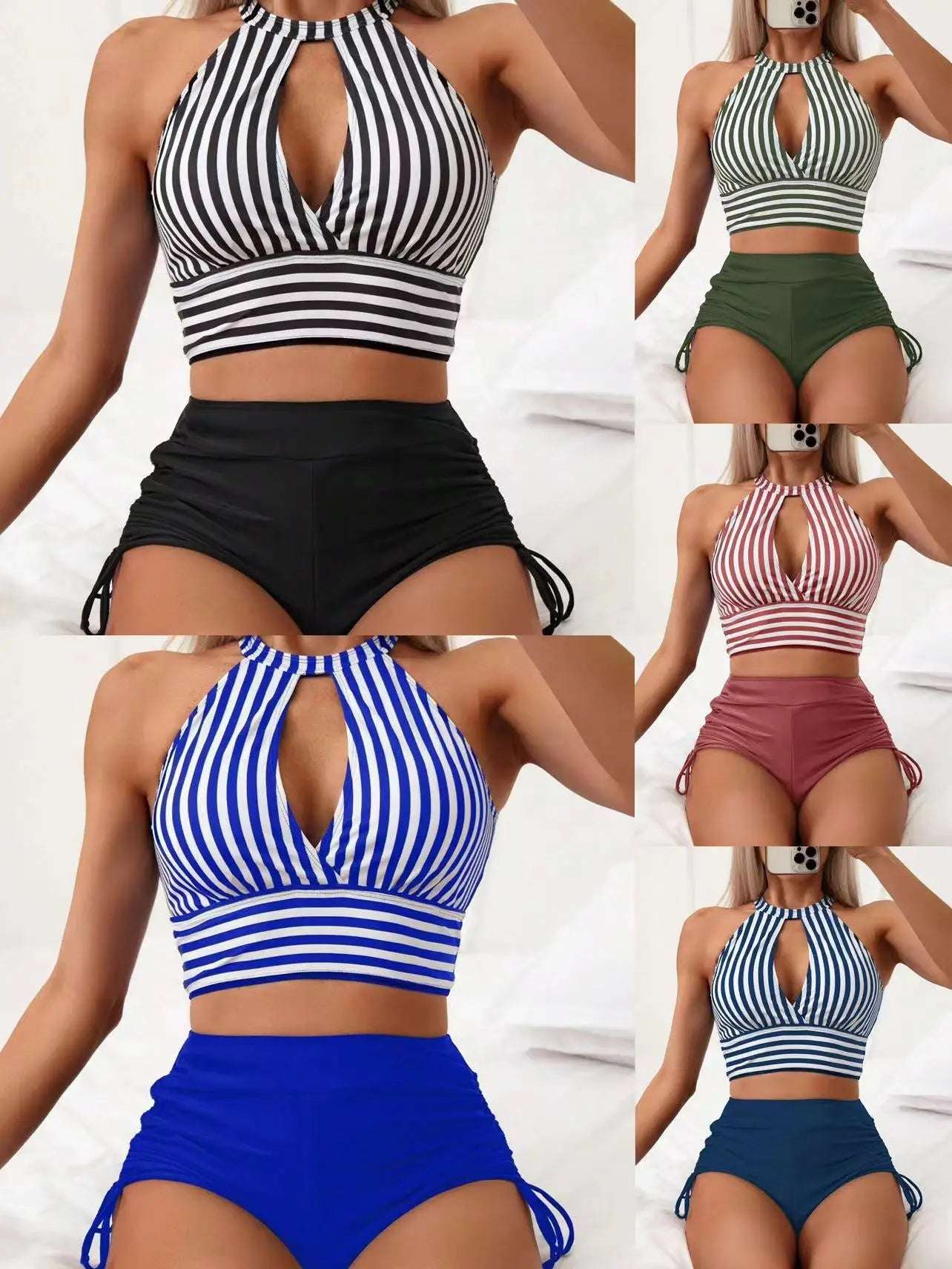 Striped High Waist Cut Out High Neck Two Pieces Swimsuit