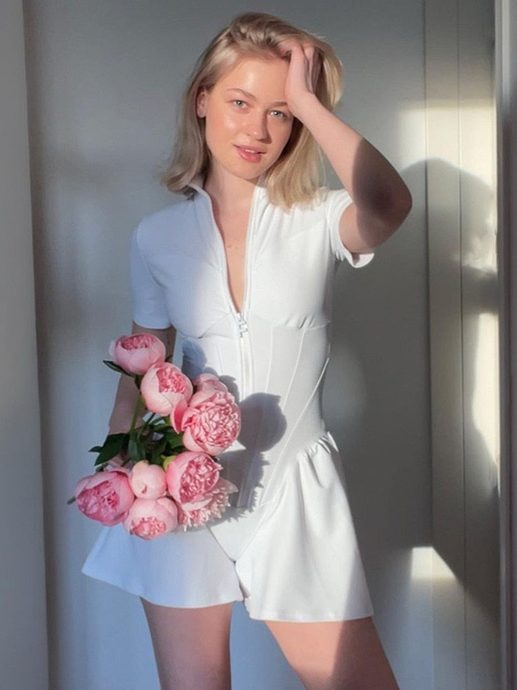 Women O Neck Short Sleeve Zipper Bodysuit