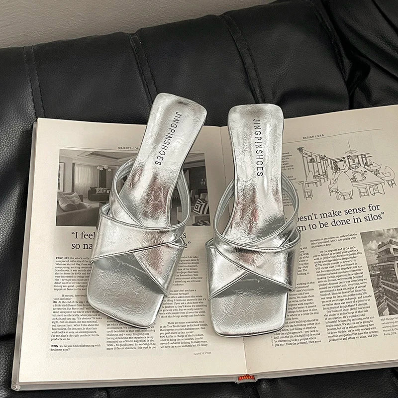 Slope medium Heel Open Toe Sandals Silver