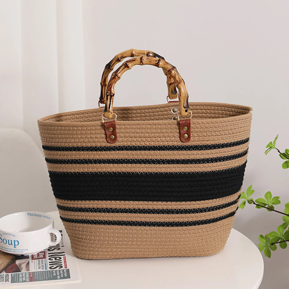 Woven tote Summer Beach Bag with Bamboo style Handle
