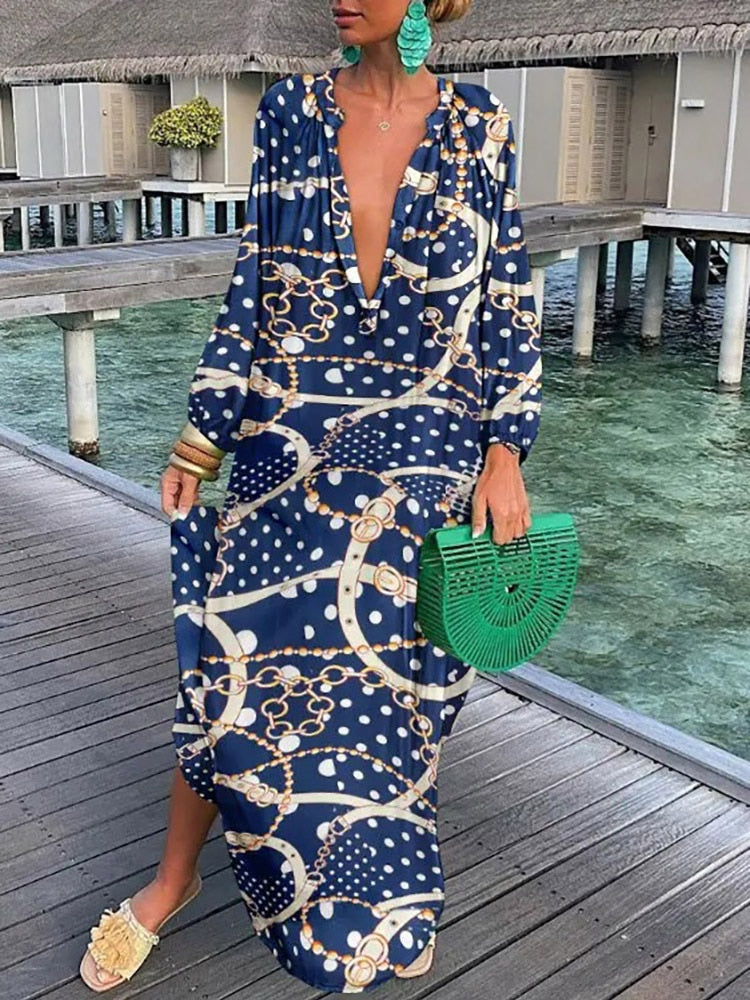 Summer Deep V-Neck Long Sleeve Long Dresses Navy