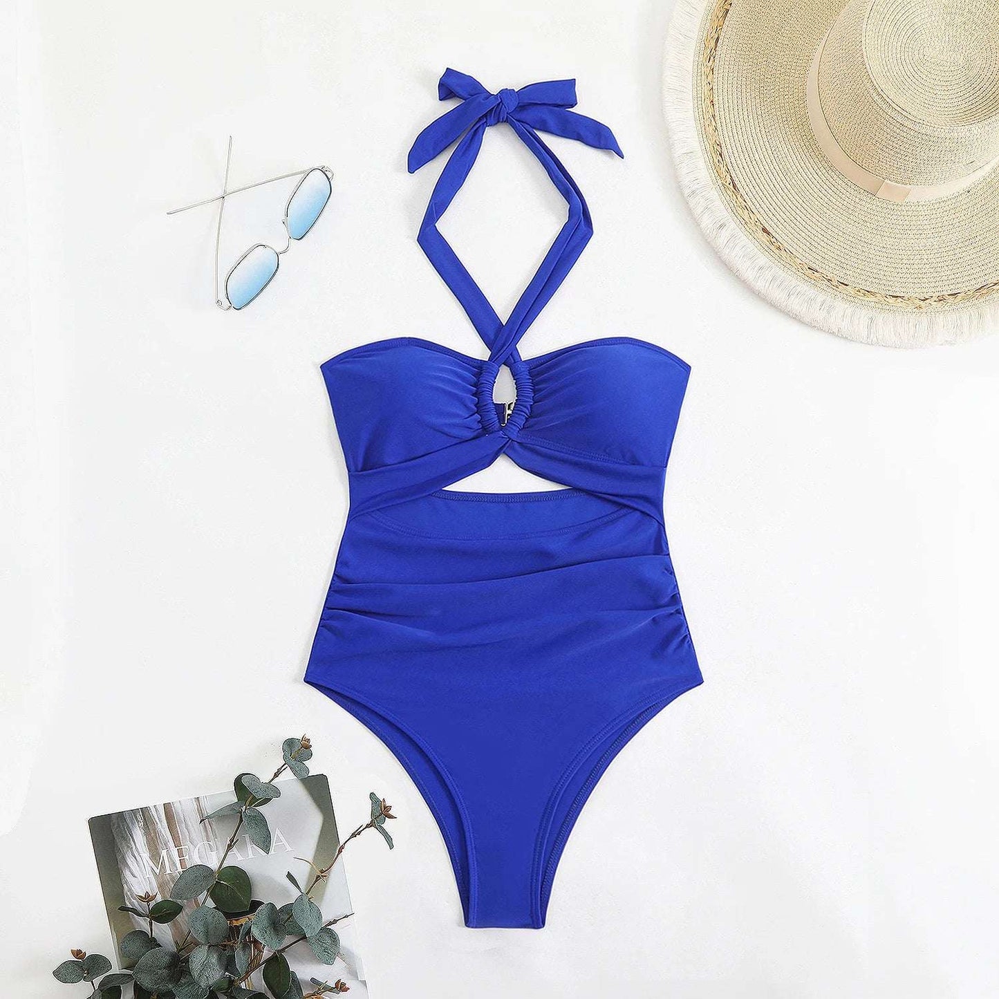 Hollow Out Push Up halter neck one piece swimsuit blue