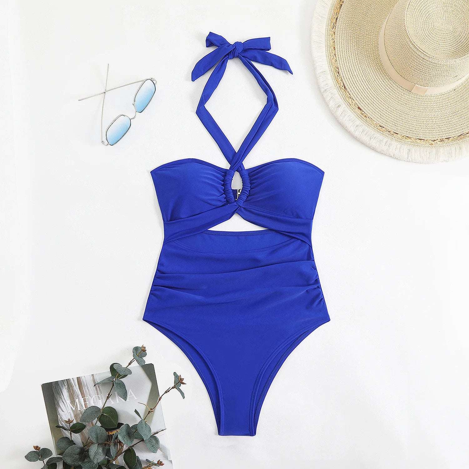 Hollow Out Push Up halter neck one piece swimsuit blue