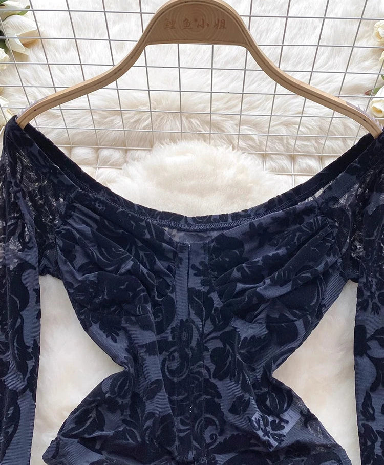 Sexy Lace Print Flock off Shoulder Long Sleeve body suit lingerie