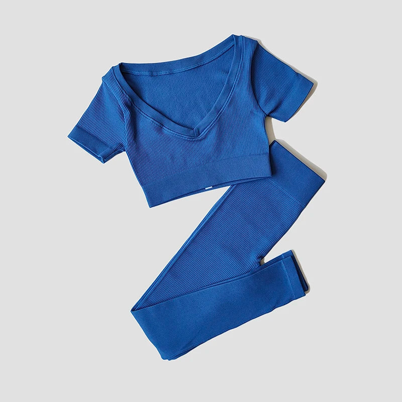 Short Sleeve round neck crop bralette High Waist Leggings Gym Fitness Set