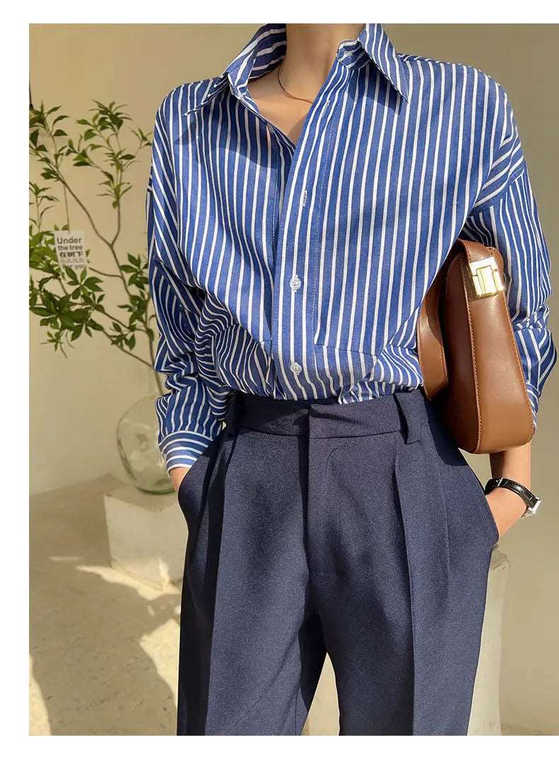 Blue Striped Chiffon Blouse Shirt for Women