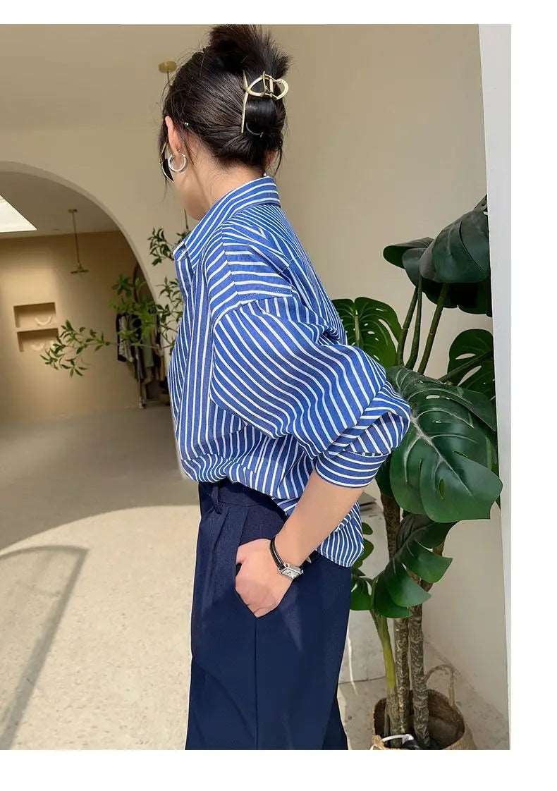 Blue Striped Chiffon Blouse Shirt for Women