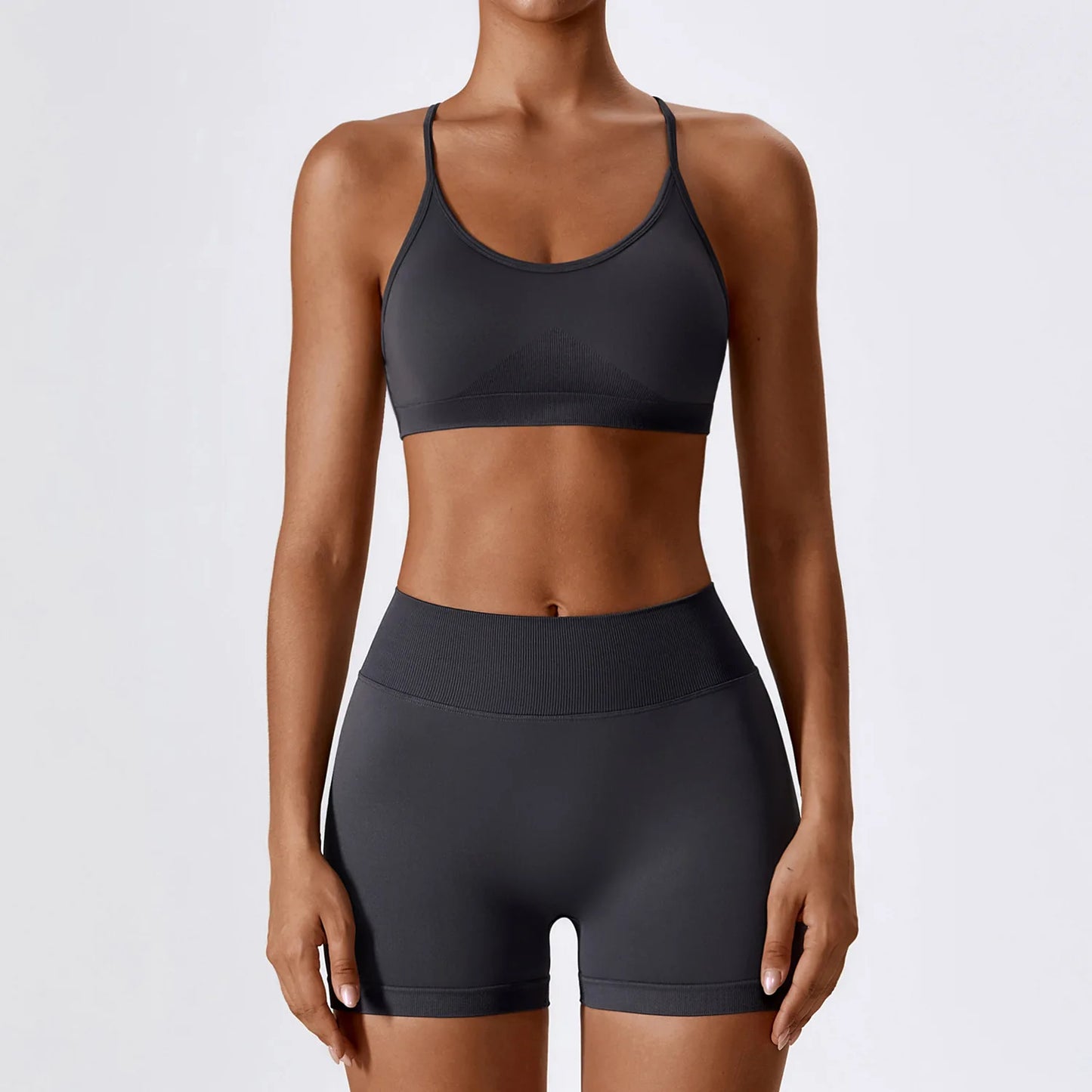 Seamless Yoga Gym 2 Piece shorts and bra Set Dark Grey