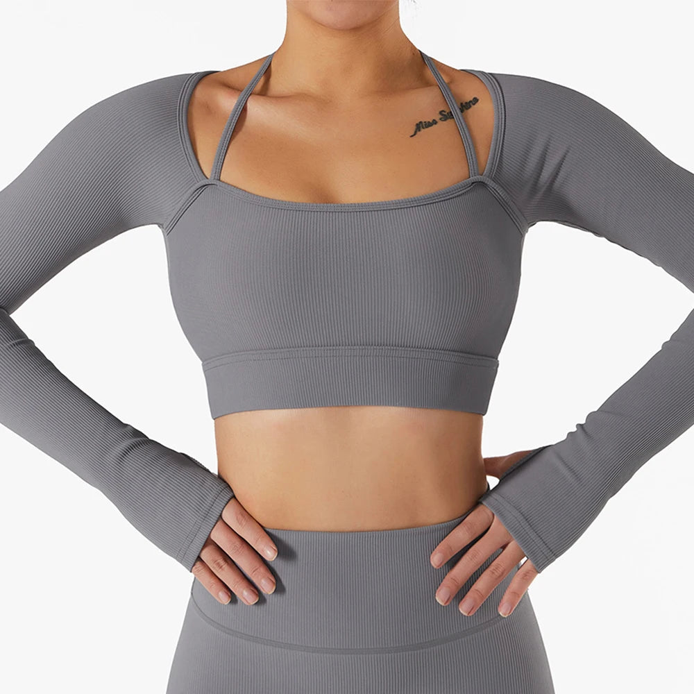 Padded Long Sleeve Seamless Gym Workout Top grey
