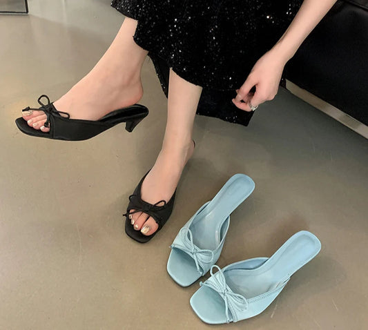 Butterfly-knot kitten heel Open Toe Mules Sandals