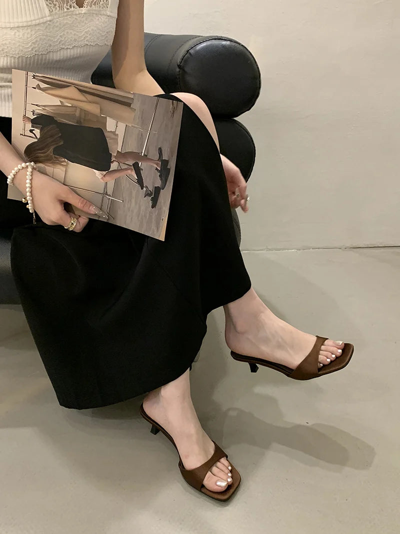 Satin Thin Low Heels Square Toe Mule Sandals