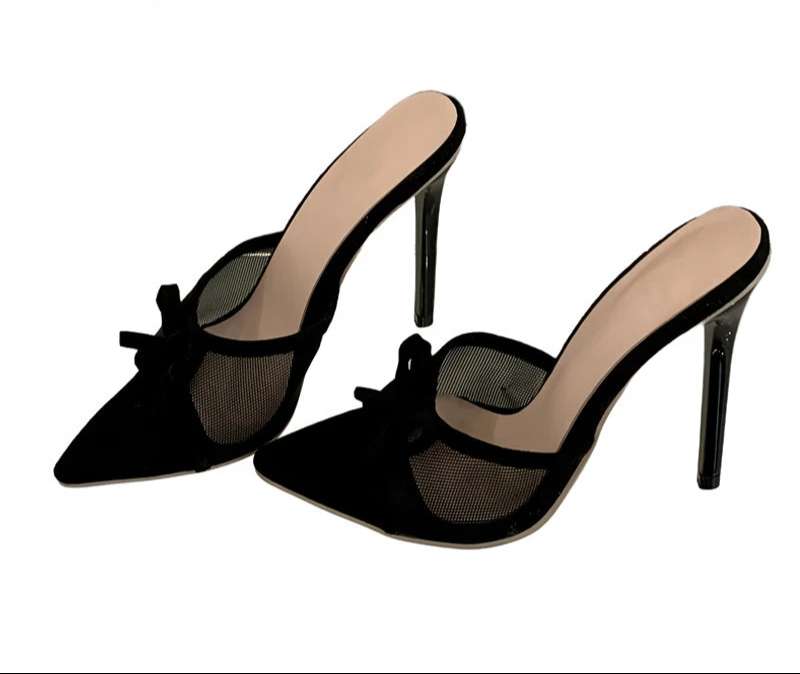 Mesh Pointed Toe Thin High Heel Sandals Black
