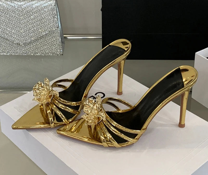 Metal look Flower Open Toe Mule High Heel Sandals Gold