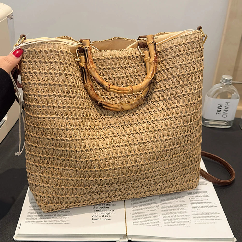 Straw Woven handbag with Bamboo style Handle Khaki