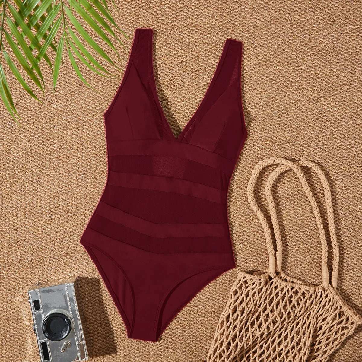 Low Back mesh One Piece Swimsuit wine red