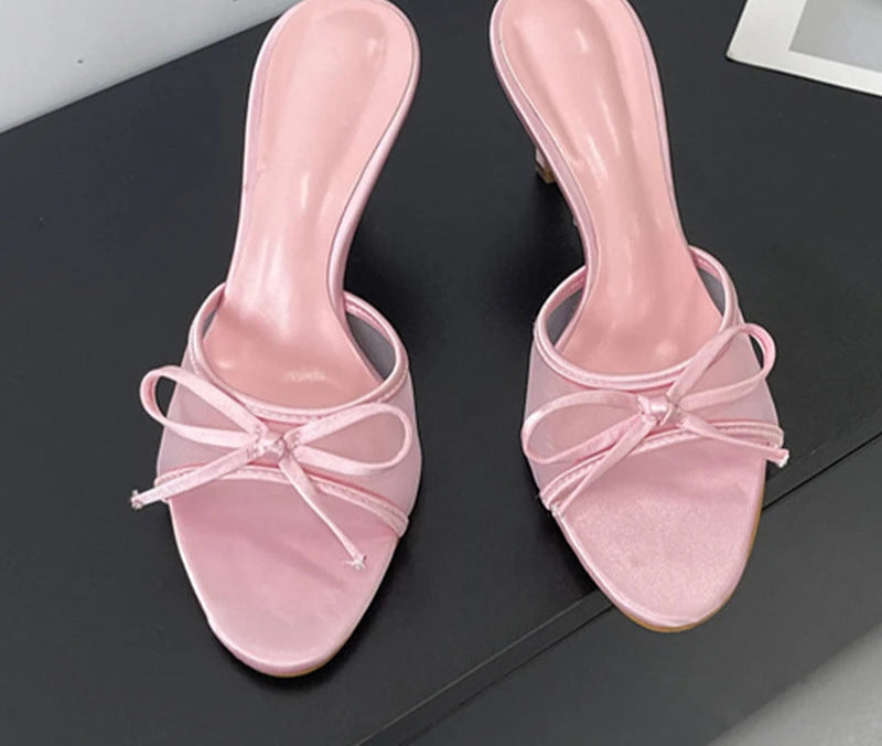 Butterfly Knot Mesh Open Toe Thin High Heel Sandals Pink