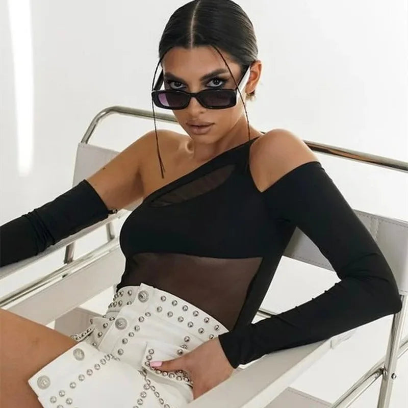 See Through Mesh one Shoulder Long Sleeve Bodysuit