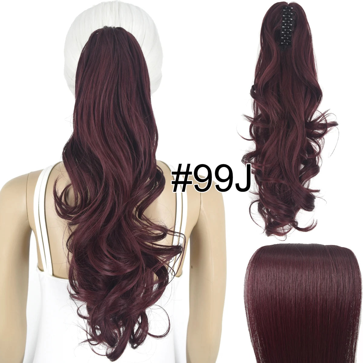 Synthetic Hair Heat Resistant 140gr Wavy Claw Clip in Ponytail hair extensions 99J Wavy 18inches