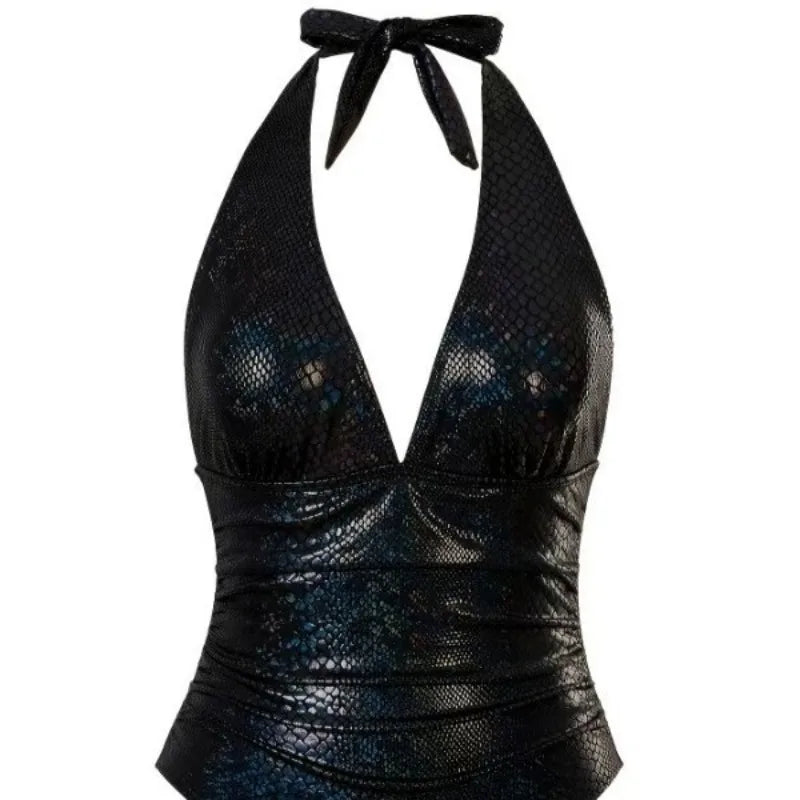 One Piece halter neck Snake Print black swimsuit