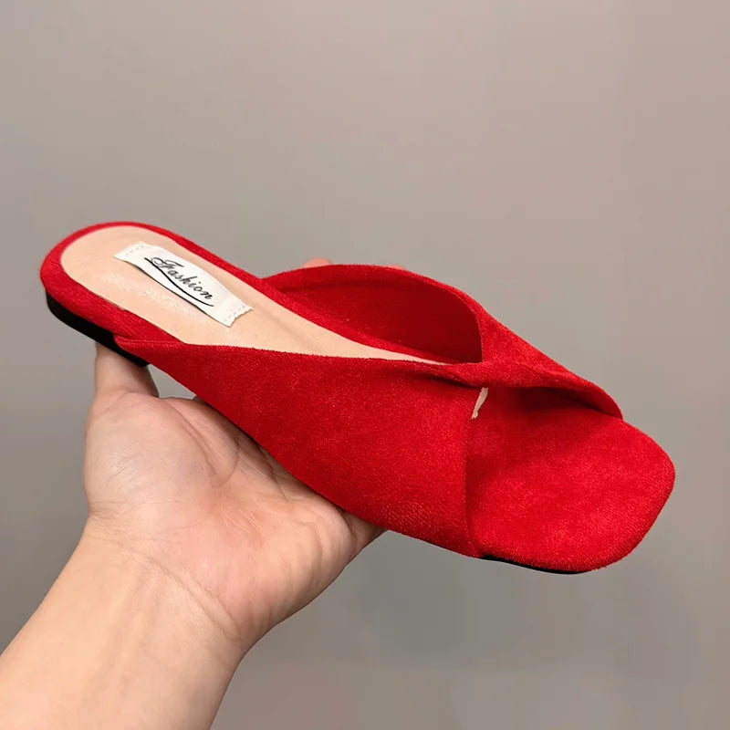 Open Toe pastel Color flat Sandals Red