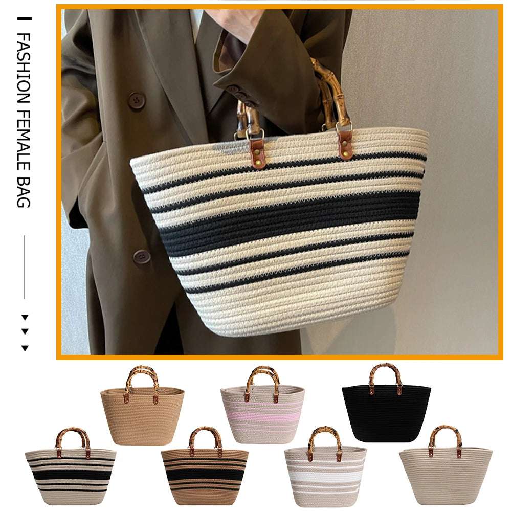 Woven tote Summer Beach Bag with Bamboo style Handle