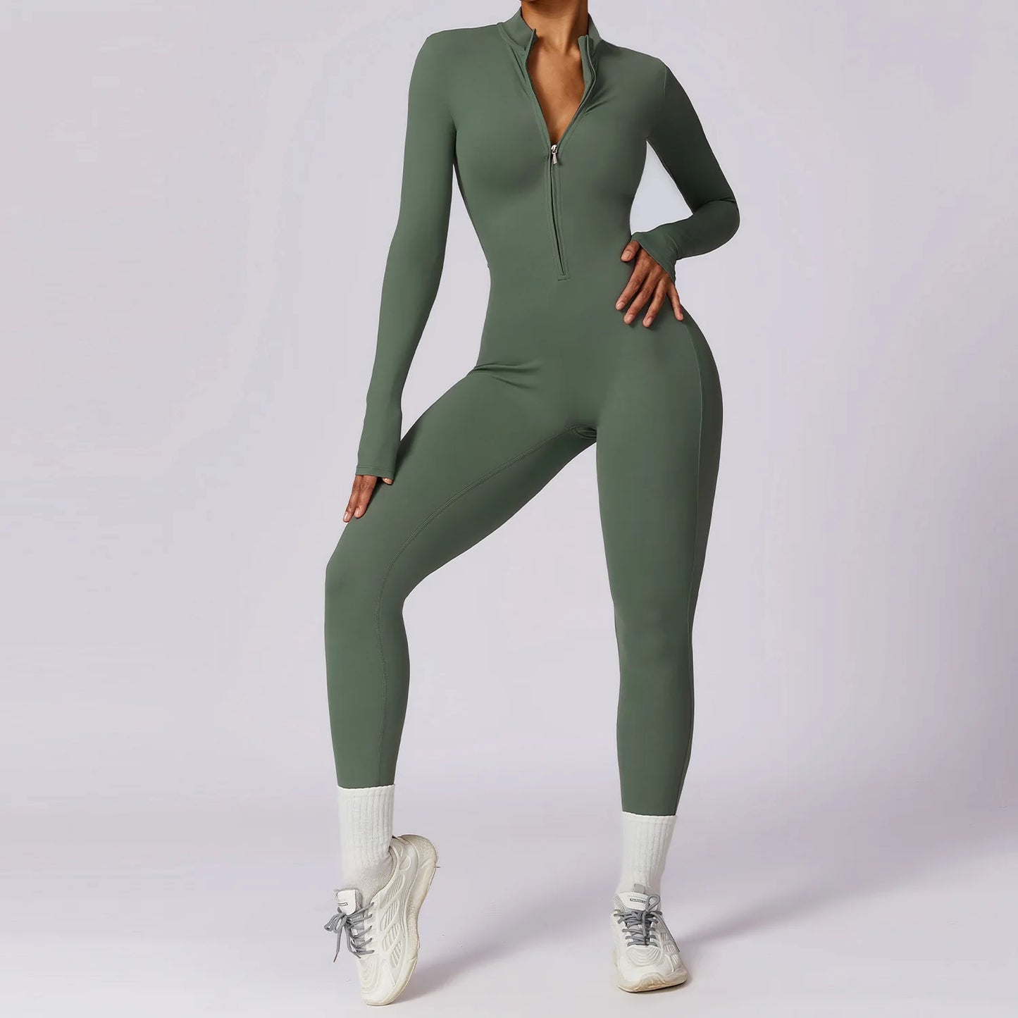 Zipper long sleeve Elastic One-Piece gym workout Bodysuit Turquoise green