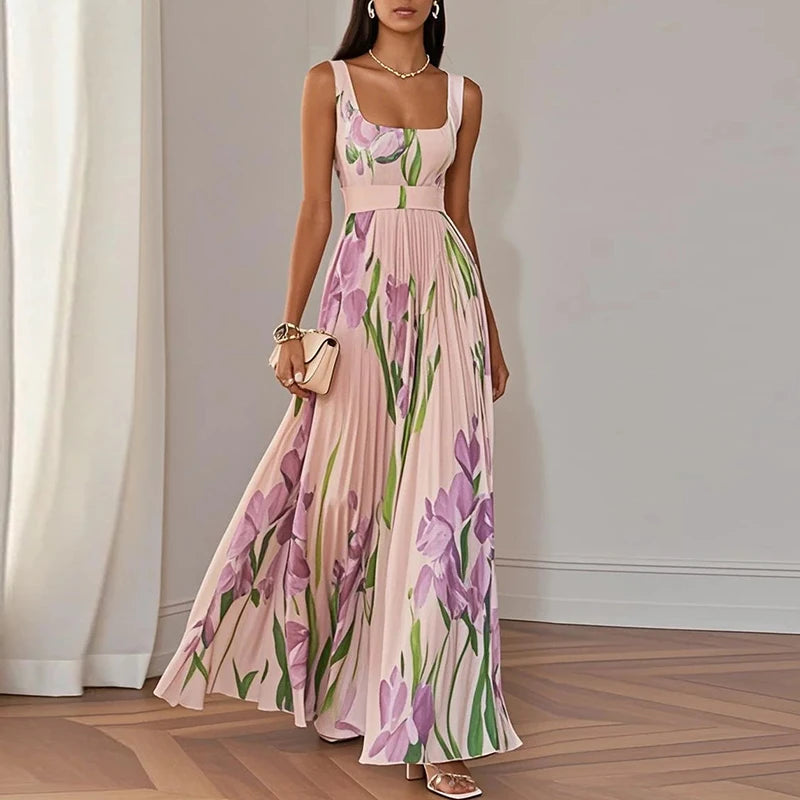 Square Collar sleeveless Floral Print maxi Dress Pink Purple