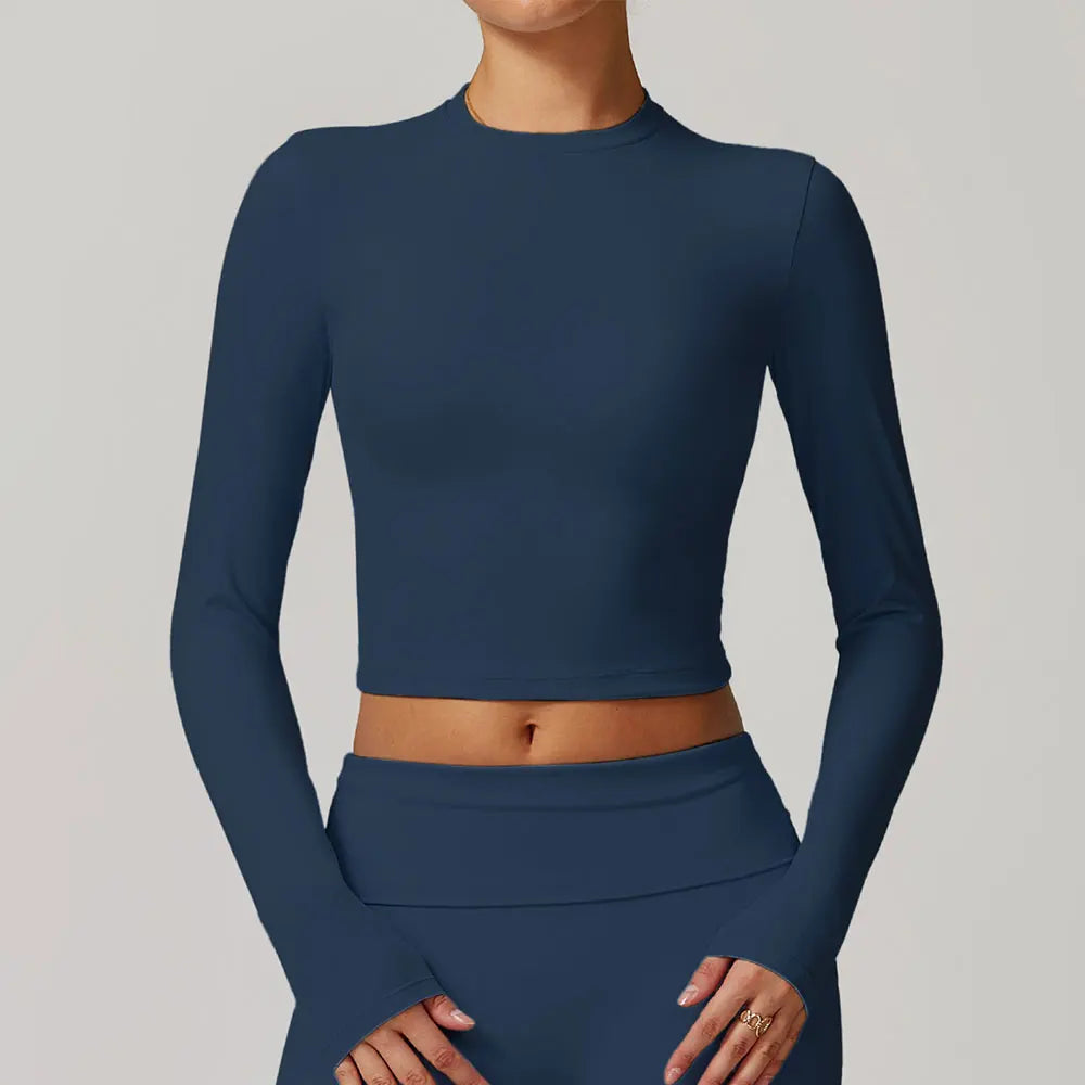 Long Sleeved Quick Dry round neck High Elastic Pilates Workout top Badge Blue