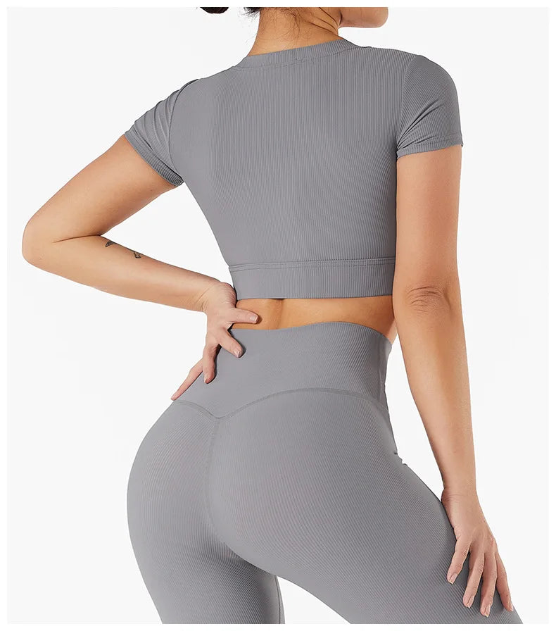 Short Sleeve round neck crop bralette High Waist Leggings Gym Fitness Set