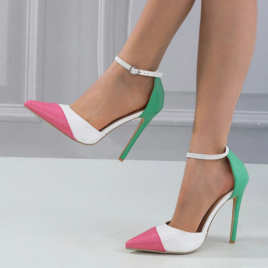 Pointed toe ankle strap high heel shoes