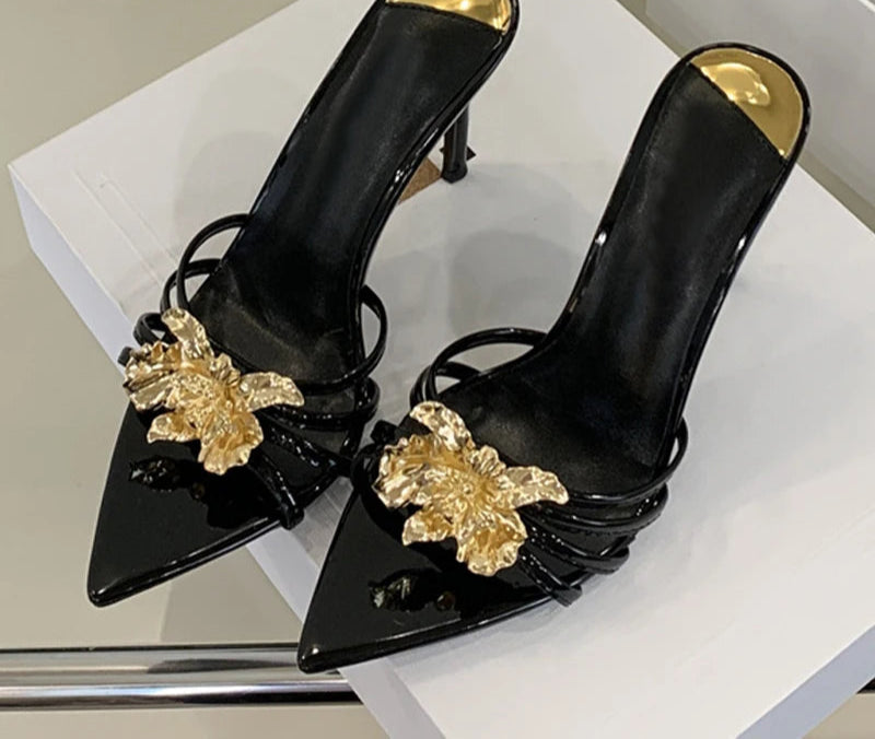 Metal look Flower Open Toe Mule High Heel Sandals Black