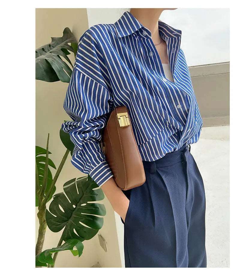 Blue Striped Chiffon Blouse Shirt for Women