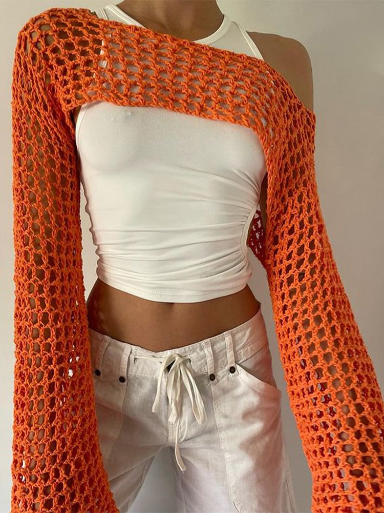 Summer Green Long Sleeve Smock Knitted Crop Top Orange