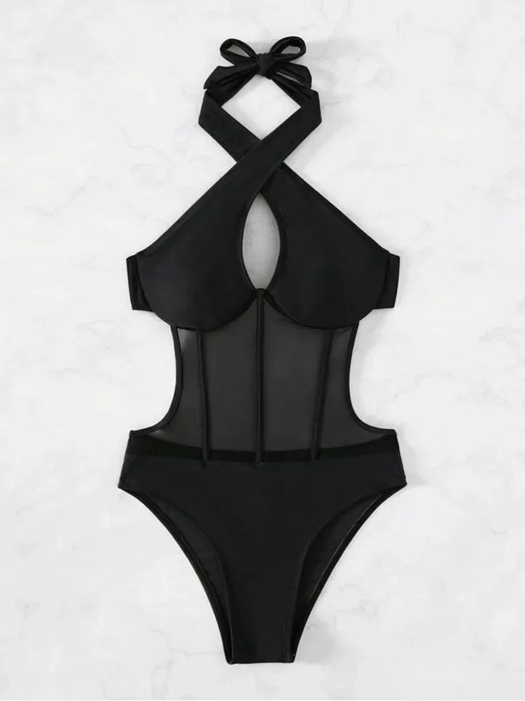 Halter neck Criss Corss mesh one piece swimsuit