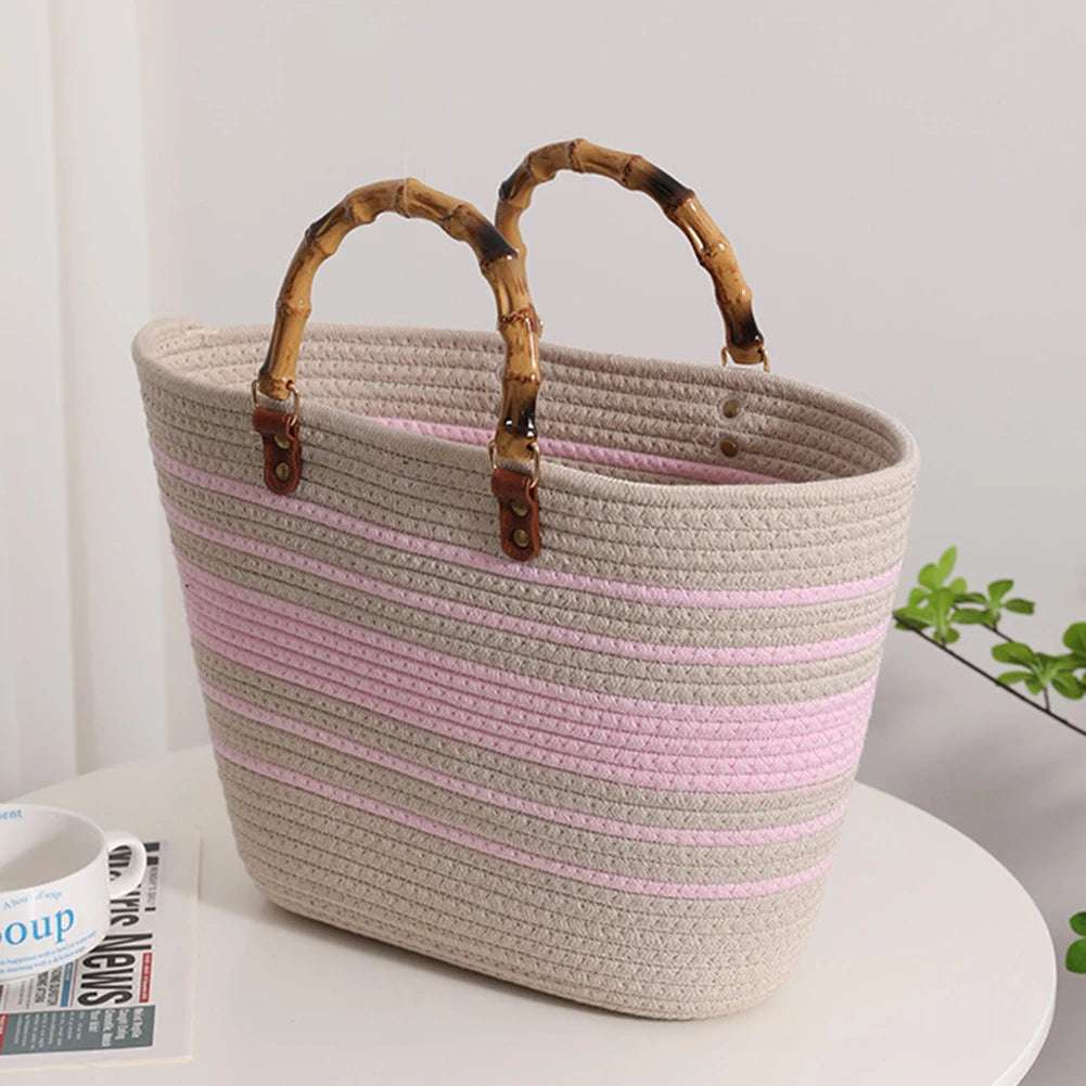 Woven tote Summer Beach Bag with Bamboo style Handle