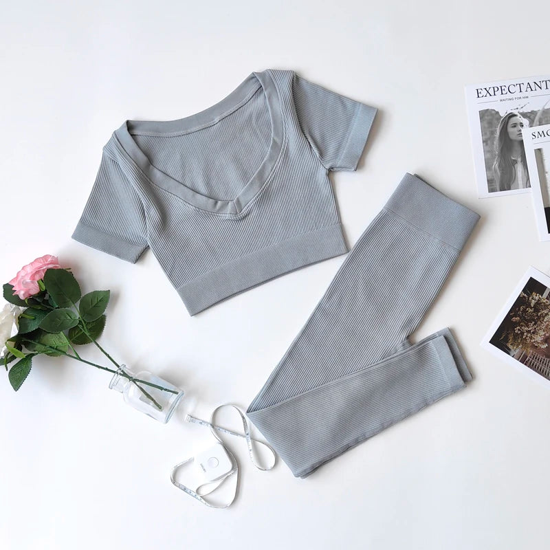 Short Sleeve round neck crop bralette High Waist Leggings Gym Fitness Set Gray