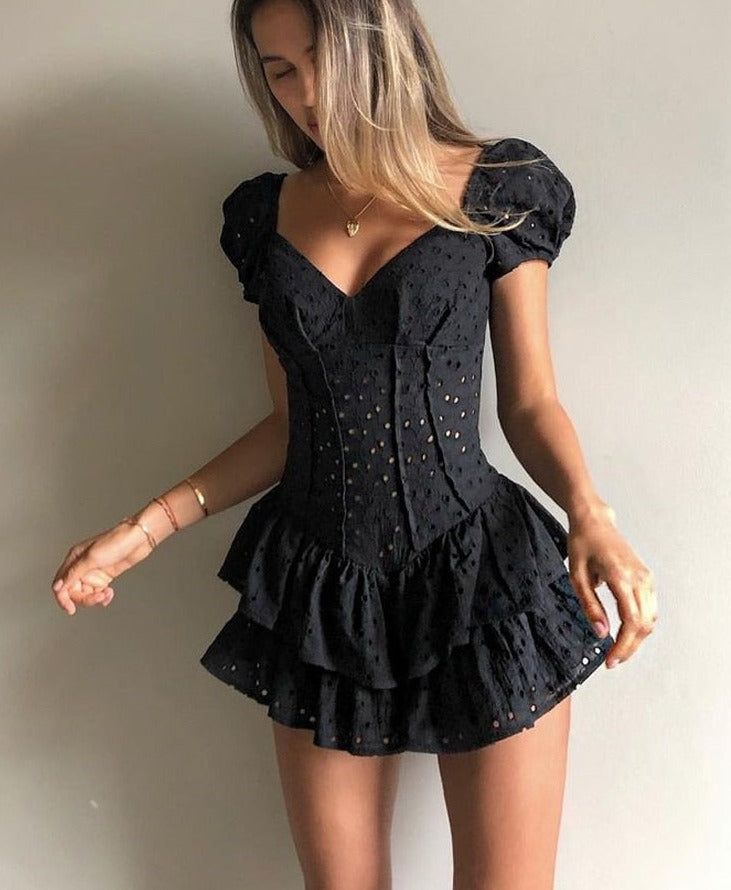 Women Puff Sleeve Chic Black Summer Dress