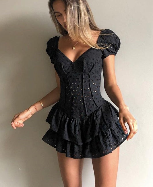 Women Puff Sleeve Chic Black Summer Dress