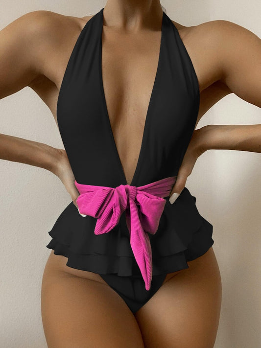 Bow belt plunge One-piece Swimsuit Black