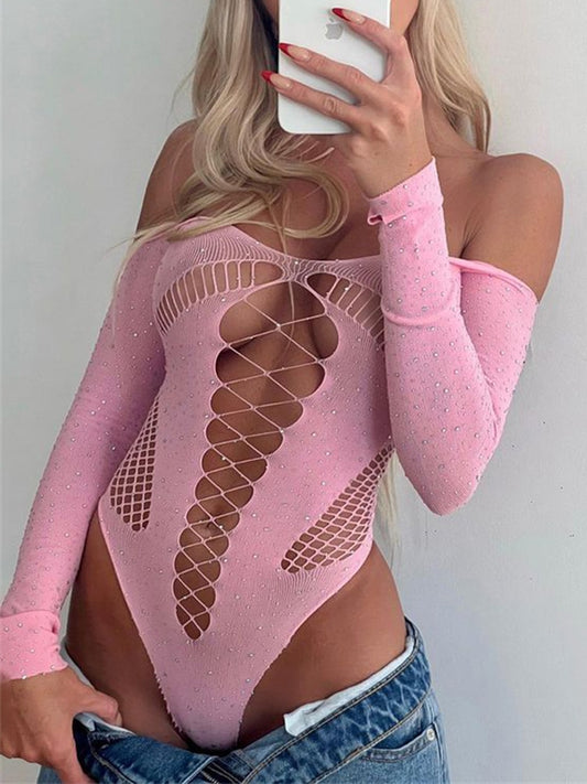 Women Off-Shoulder Hollow Out Mesh Sheer Lingerie body