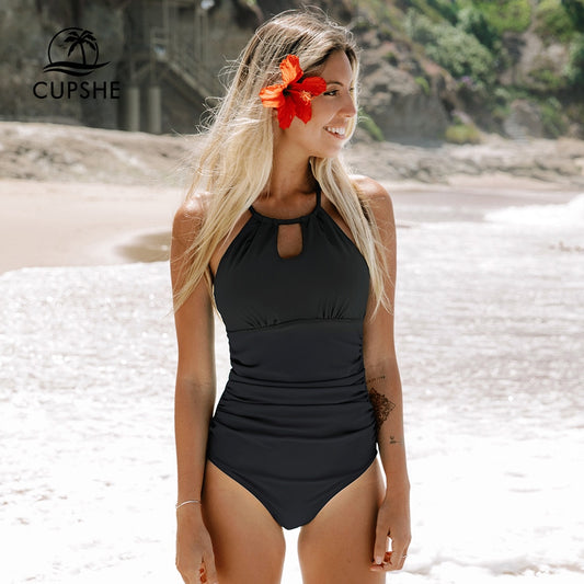 Ladies Lace Up Back One-Piece Cut Out black tummy control Swimsuit