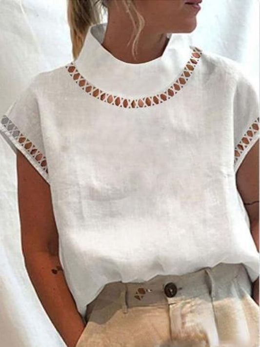 Summer Casual Chic Tunic Hallow Stand Collar Tops White
