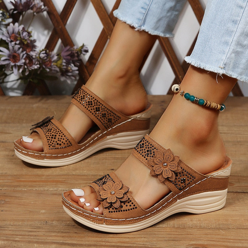 Women wedge open toe Retro Roman style Sandals Dark Brown