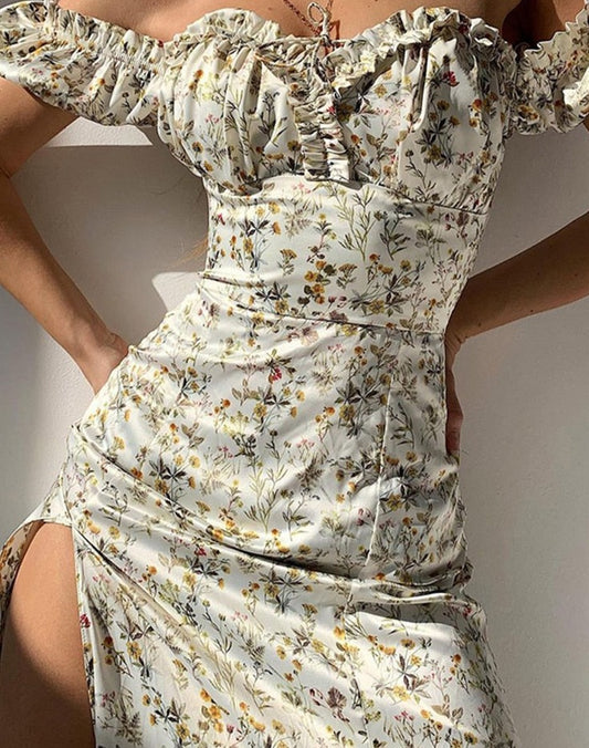 Summer Floral Off Shoulder Puff Sleeve Dress