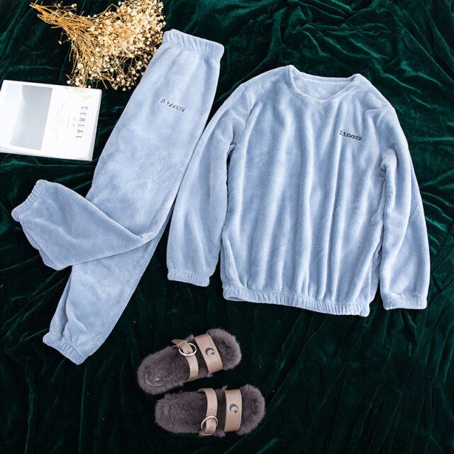 Flannel Winter Solid colour Pyjamas Top-Pants-Blue One Size