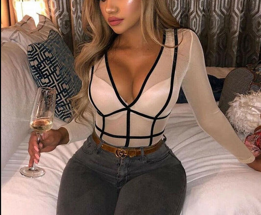 Sheer Mesh Lace Striped Bodysuit