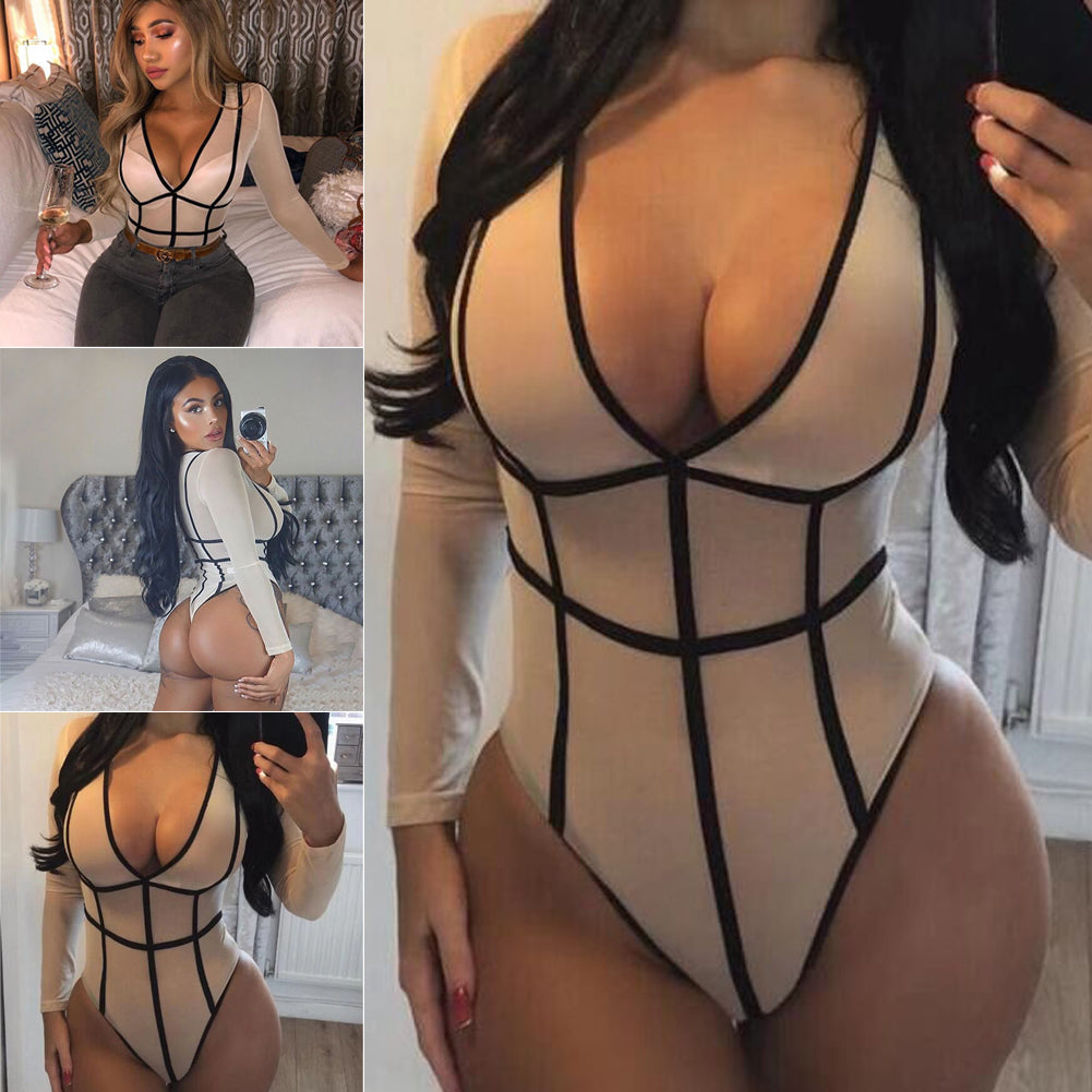 Sheer Mesh Lace Striped Bodysuit