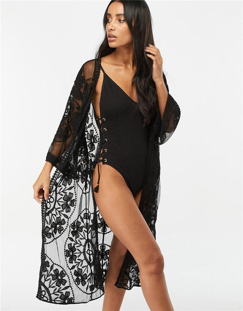 Lace beach cover up kimono black One Size
