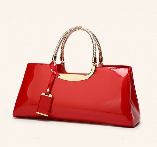 Glossy PU Leather Tote Handbag Red 34cm